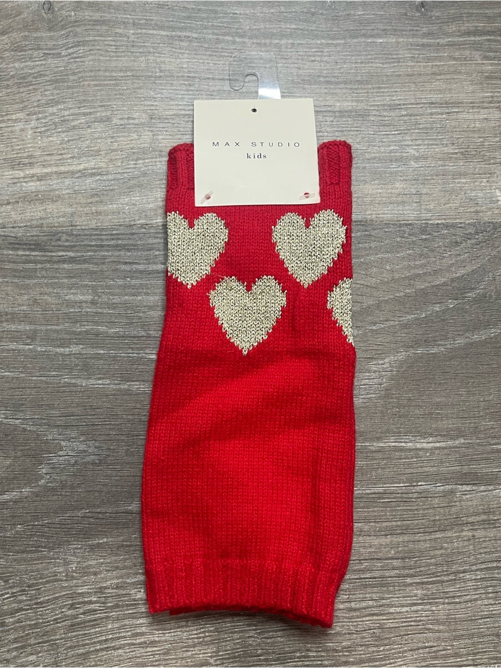 Max Studio Kids Red Knit Leg Warmers with Cream Heart Motif